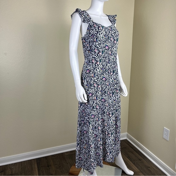 Loft Women’s Size 4 Blue Floral Bird Ruffle Strap Midi Dress Sleeveless Slit - Picture 11 of 15